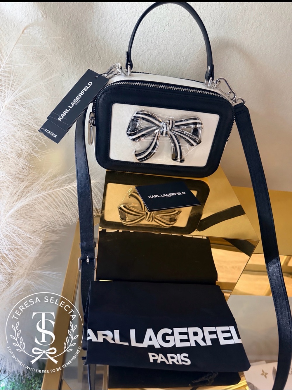 NWT Karl Lagerfeld Paris Simone Bow Leather Crossbody White Black